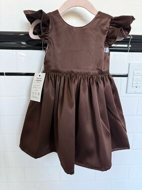 Toddler Girls' Brown Satin Flutter-Sleeve Party Dress